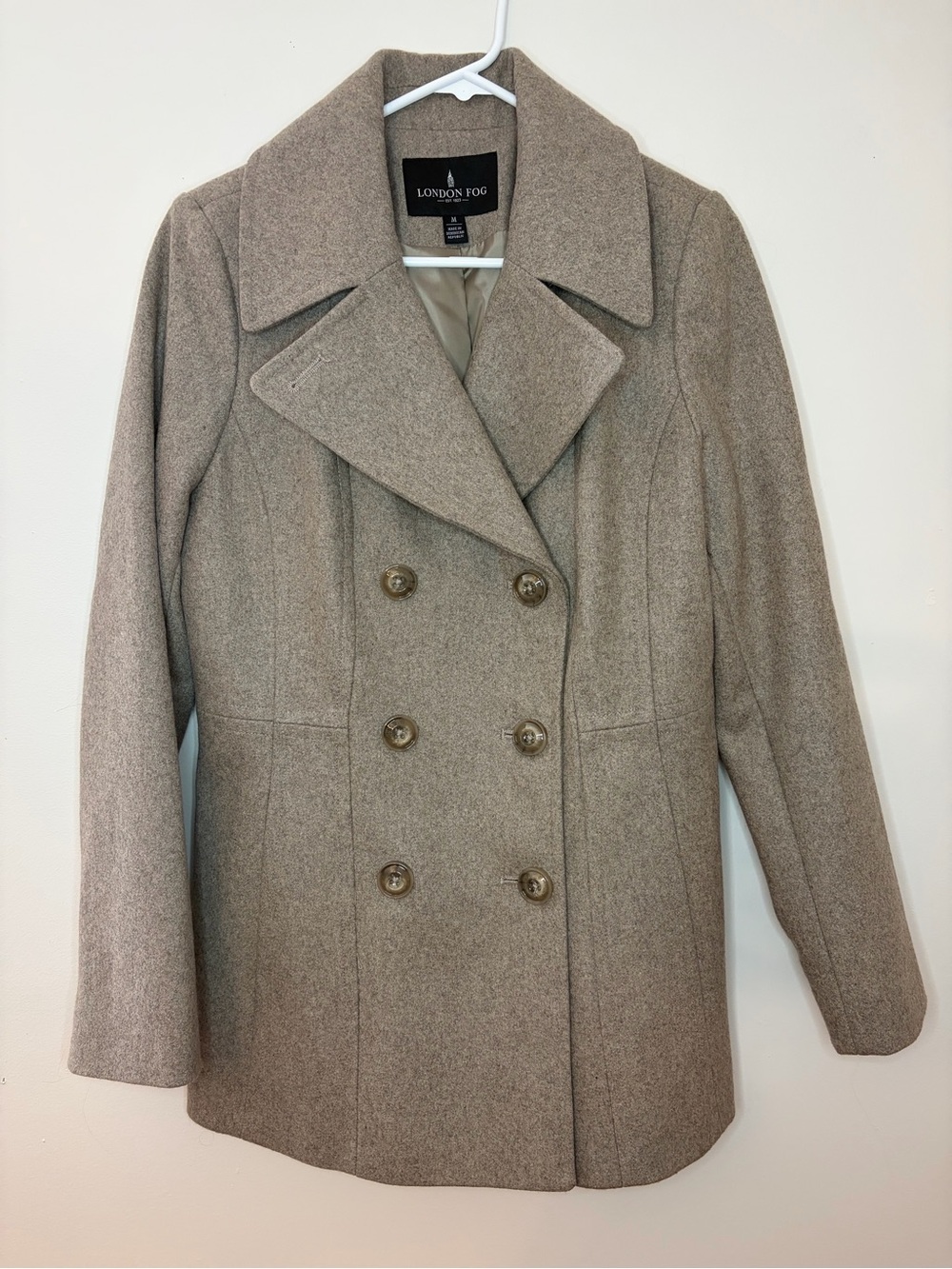 London Fog Taupe Wool-Blend Double-Breasted Peacoat M